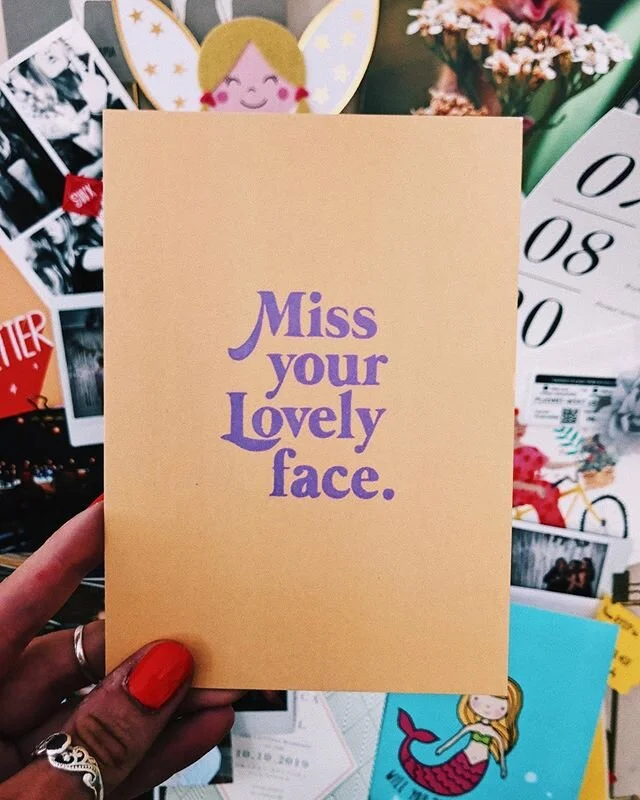 New postcards 💛 a few requested, a few just because. Obsessed with this purple and yellow combo I won&rsquo;t lie, likely will send some to my own family (those who don&rsquo;t have Instagram...) #missyou #postcards #illustration #colour #quote