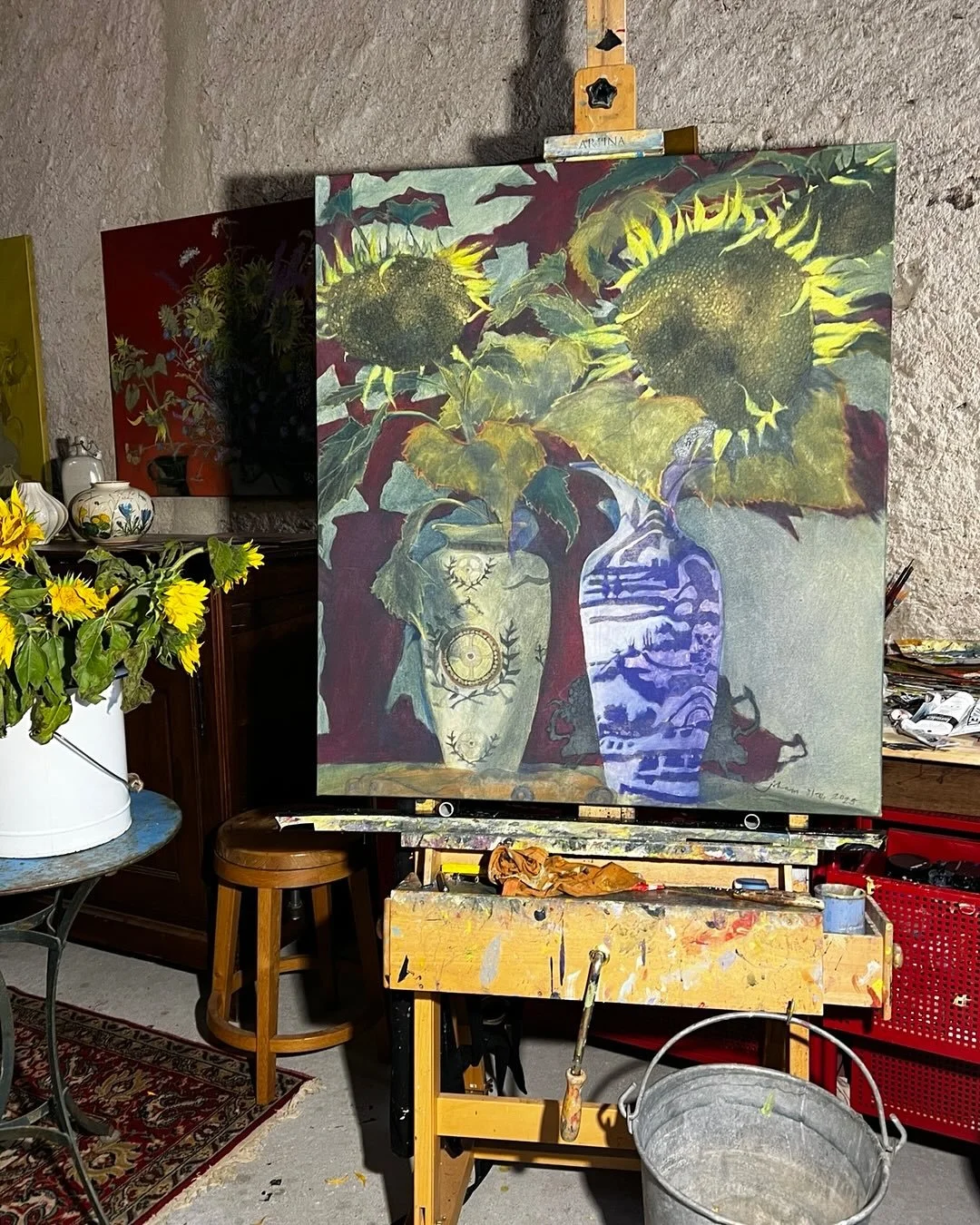 Sunflowers Charroux #sunflower #paintings #green #cobaltblue #yellow #delft #shadows #oilpasteldrawing #acrylicpainting