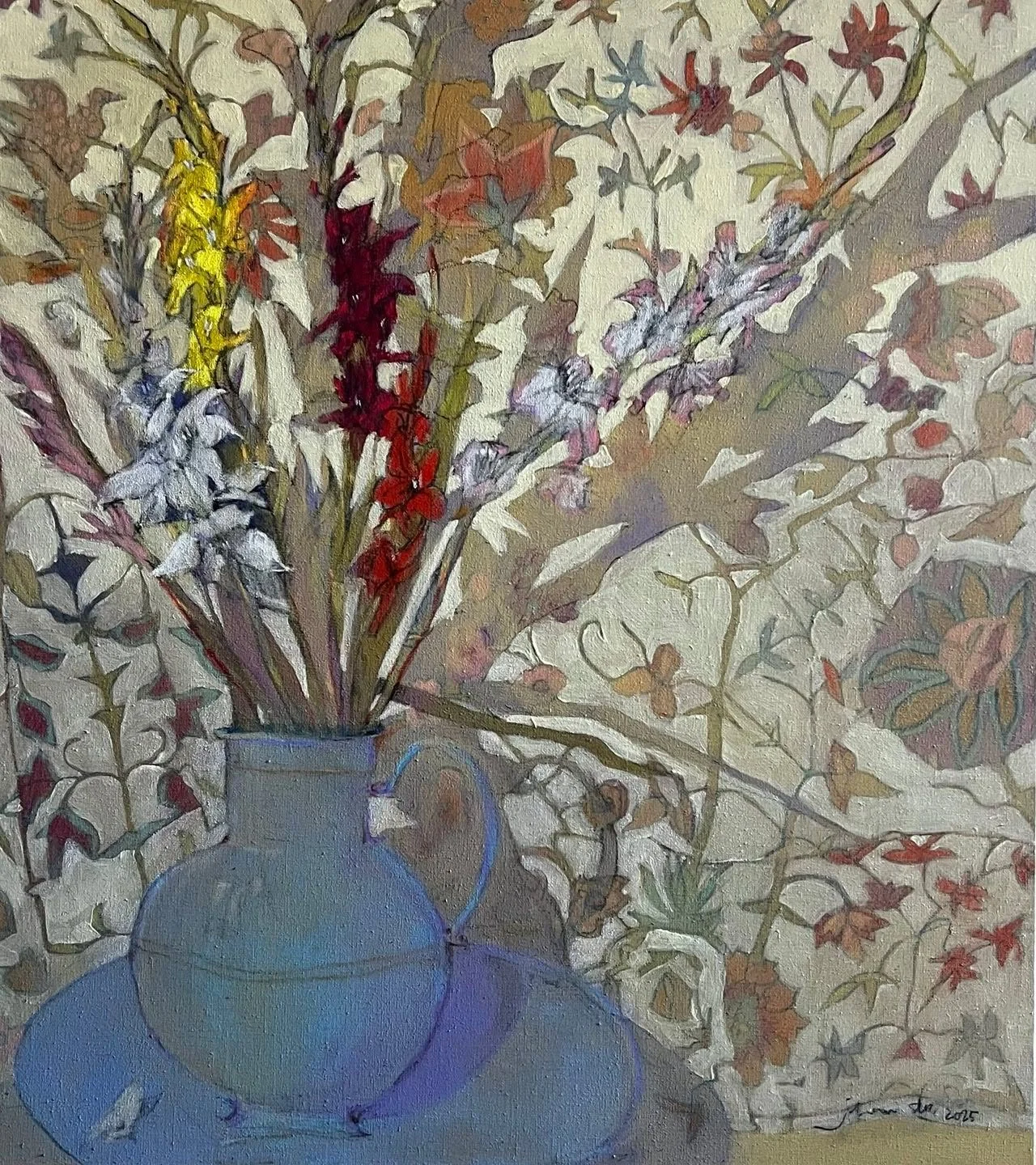 Gladiolas in blue enamel jug #gladiolas #enameljug #persianrug