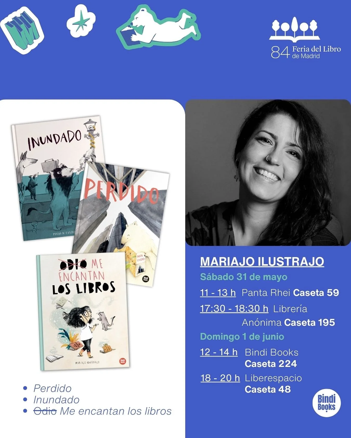 Hola Madrid! El pr&oacute;ximo fin de semana (31 de Mayo y 1 de Junio) estar&eacute; firmando en la Feria del Libro de Madrid!! 
Firmar&eacute; en @panta_rhei_madrid @laanonimalib @liberespacio y @bindi.books 
Tengo unas ganas tremendas!!
#inundado #