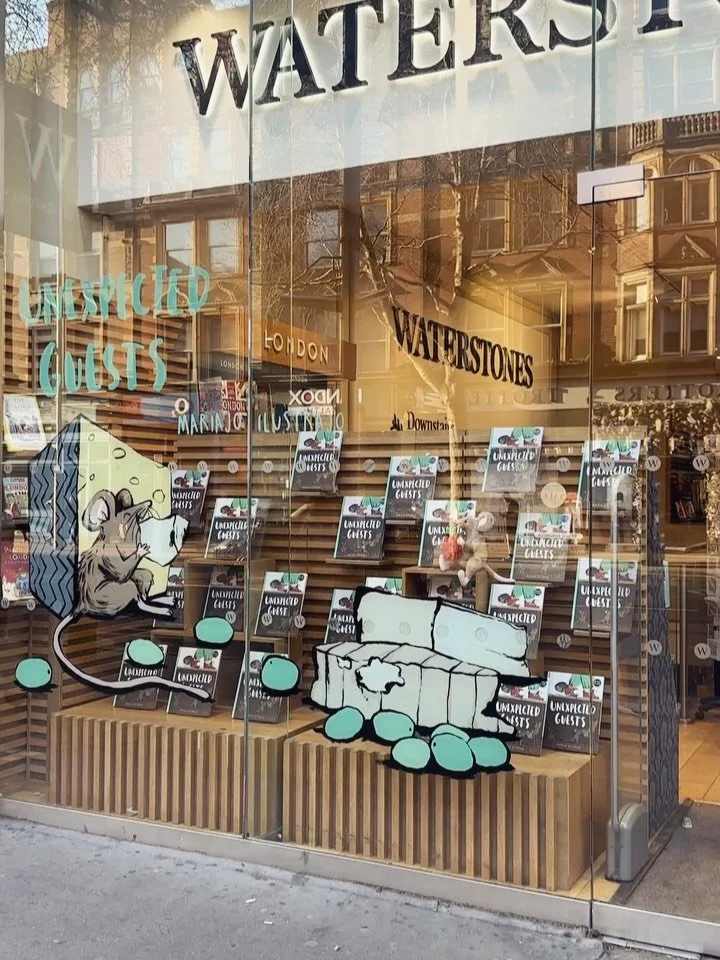 Today is. . . UNEXPECTED GUESTS PUBLICATION DAY!!! 🥳🥳🥳 I celebrated it by painting an enormous window at @waterstoneskensington 
How cool is that??? Book launch coming this Tuesday the 24th. Shoot me a message if you would like to attend!

This wa