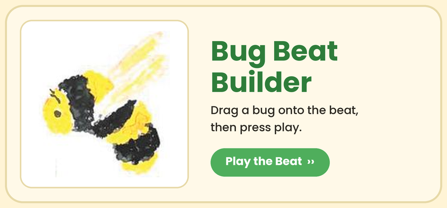 Illustrated bee, promo image for the Bug Beat Builder interactive rhythm game
