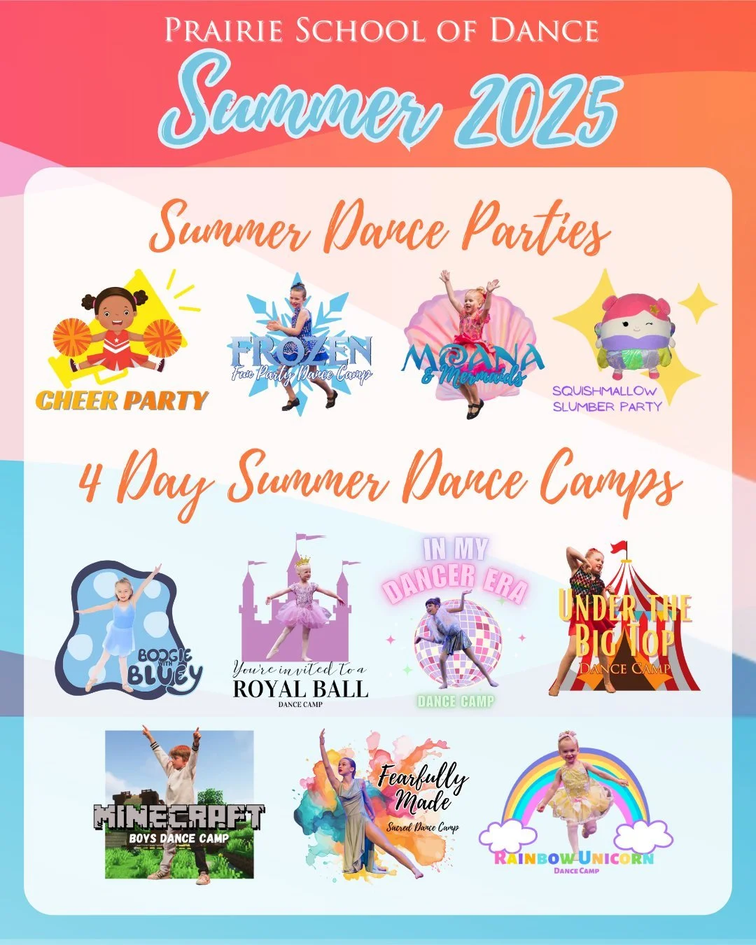 ☀️ 🌊 Our Summer 2025 Dance Schedule has something for EVERY DANCER!

View our exciting new offerings and popular classics online at PRAIRIESCHOOLOFDANCE.COM today with Weekly Classes, Dance Camps, Summer Samplers, Summer Parties, Summer Intensives, 