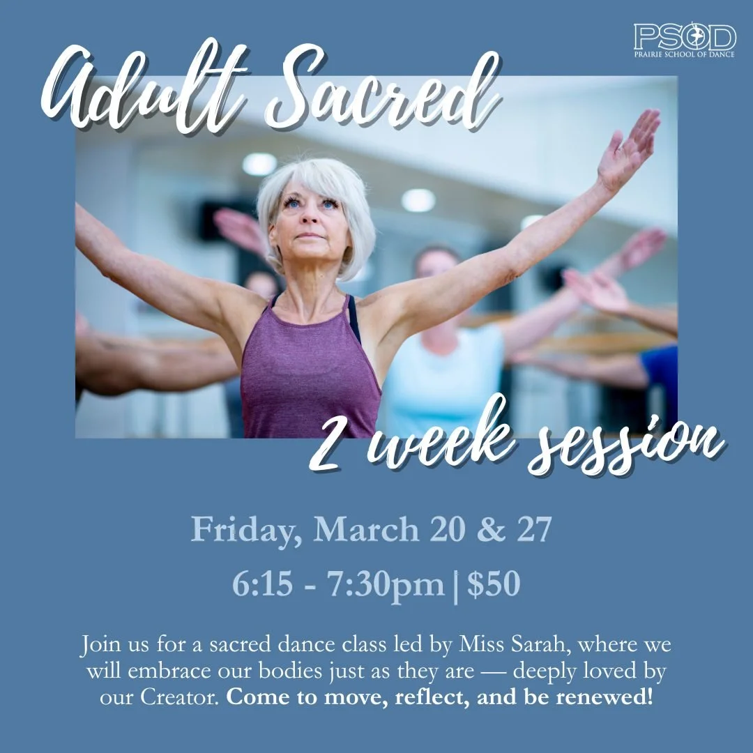 We're so excited to offer a Sacred Class for adults! 

Allow your heart and soul to enter into the movement as we embody our prayers through dance.

Join us for a sacred contemporary dance class led by Miss Sarah, where we will embrace our bodies jus