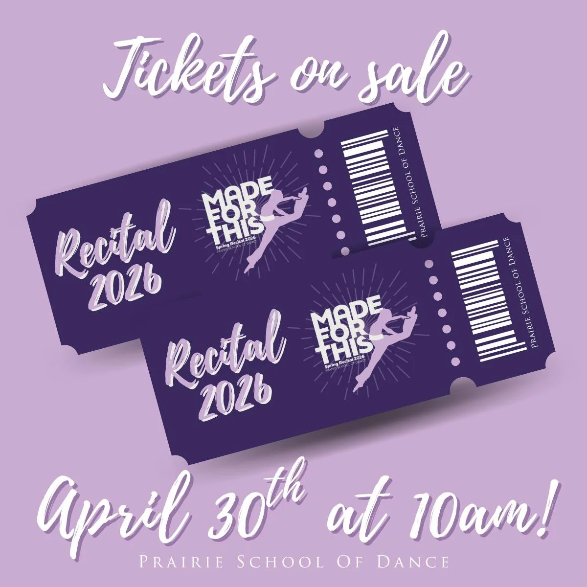 Recital tickets go on sale next Thursday, April 30th, at 10am! You can also pre-order your recital tee with your tickets to skip the line! 

Make sure to double check with show your dancer is performing in before getting your tickets. We can't wait f