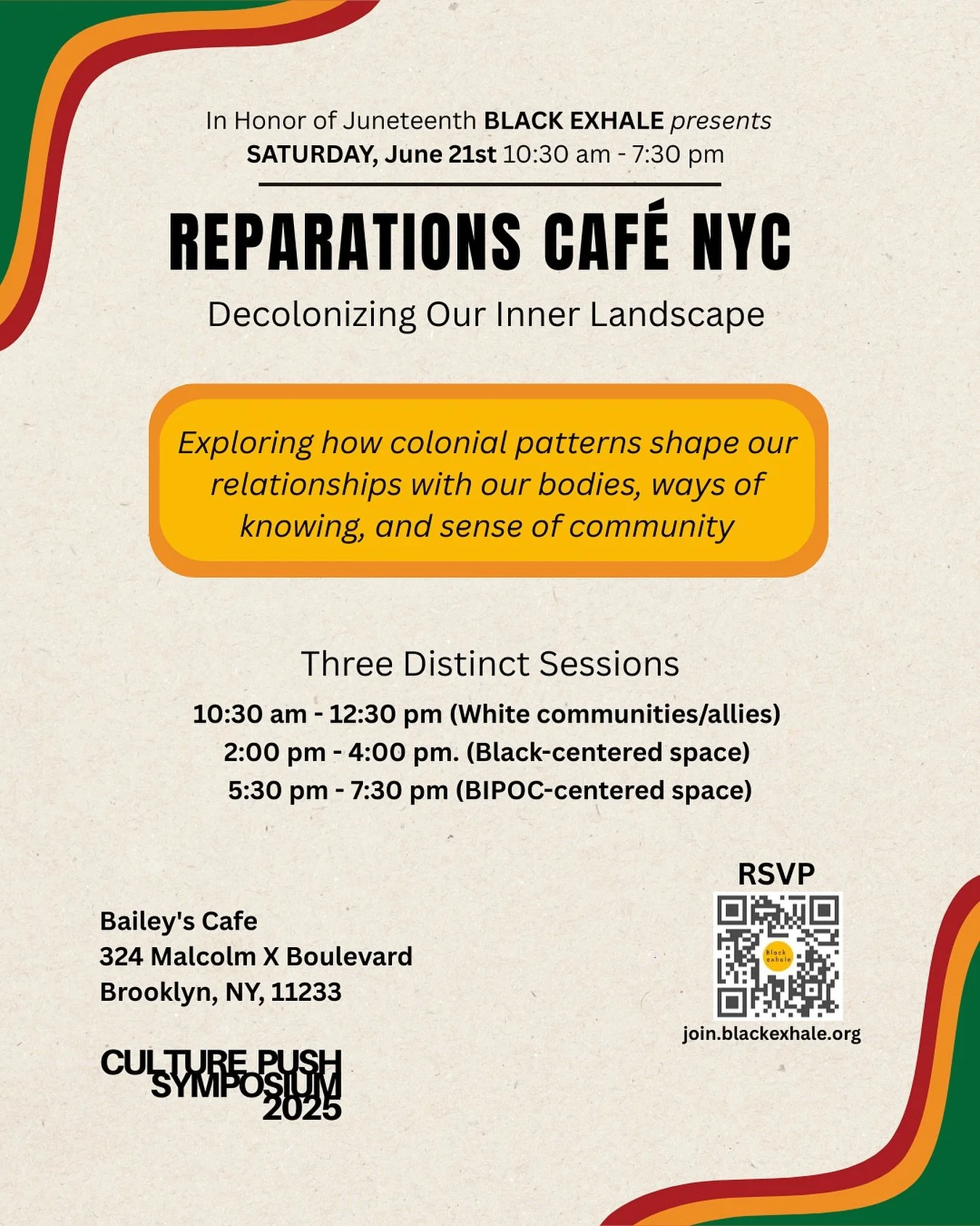 Something beautiful is happening in the collective Black body - an awakening that feels like a gentle breeze. 🌬️ Thank you to everyone who is registered for tomorrow&rsquo;s 6/21 Reparations Caf&eacute; session in Brooklyn! 
 
For the morning sessio