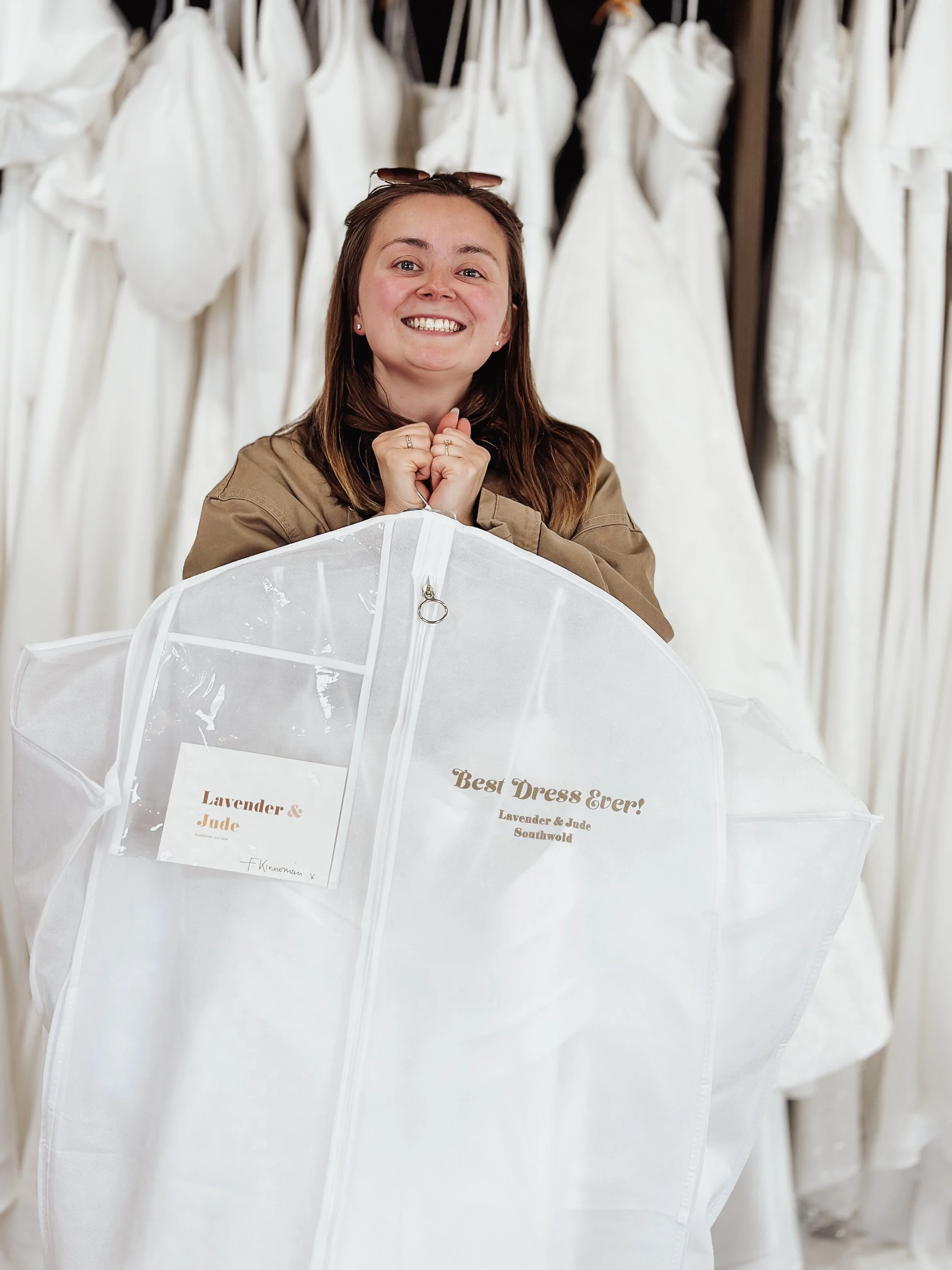 bride collecting her wedding gown from Lavender & Jude, Southwold