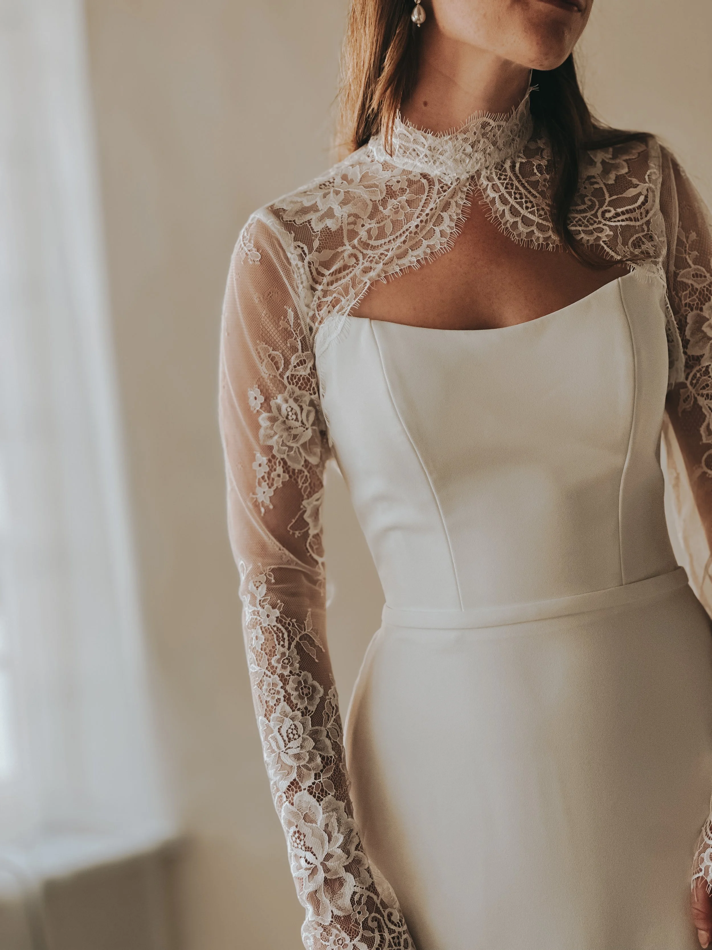 Ash crepe wedding dress by For When You Know..with long sleeve lace jacket 