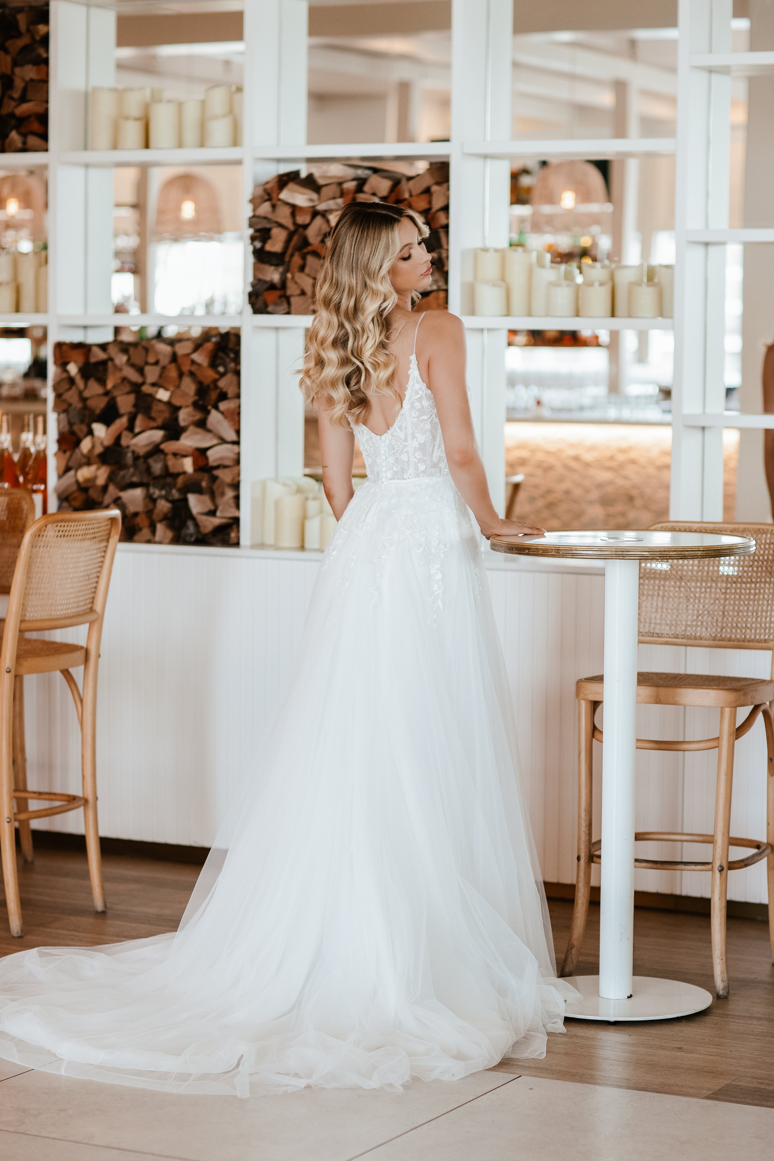 Arienne - Romantic tulle wedding dress with sparkly floral lace bodice. Designed by Wendy Makin from the French Collection at Lavender & Jude, Southwold, Suffolk.