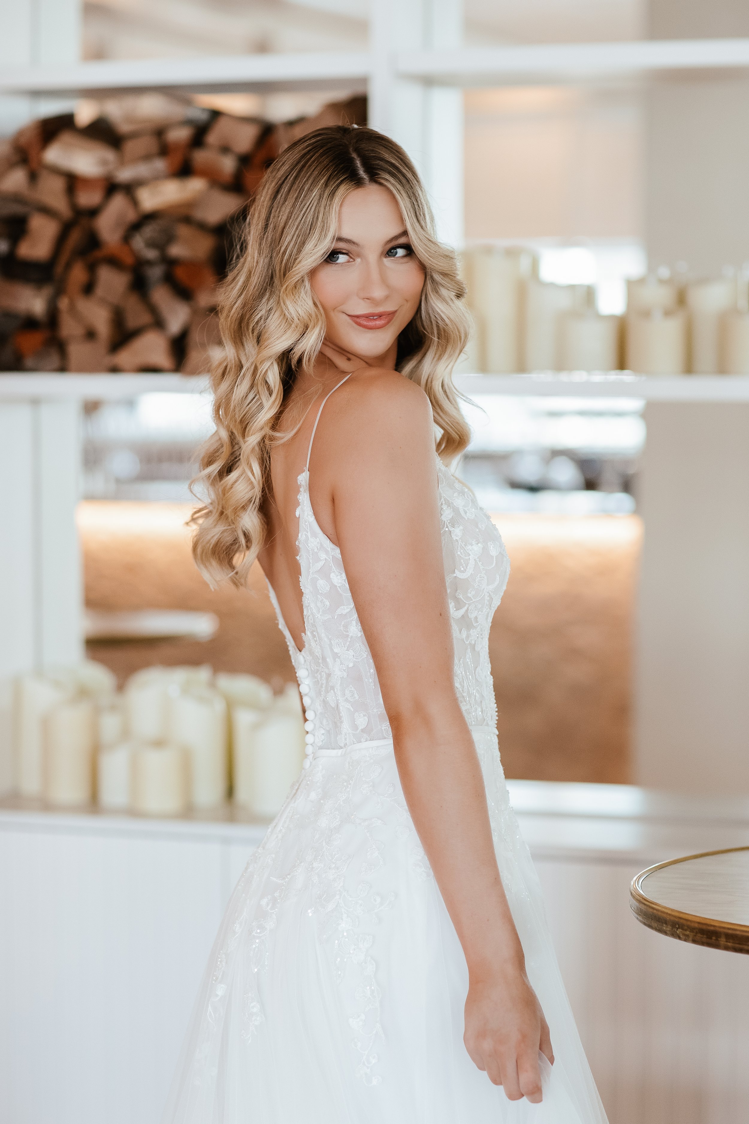 Arienne - Romantic tulle wedding dress with sparkly floral lace bodice. Designed by Wendy Makin from the French Collection at Lavender & Jude, Southwold, Suffolk.