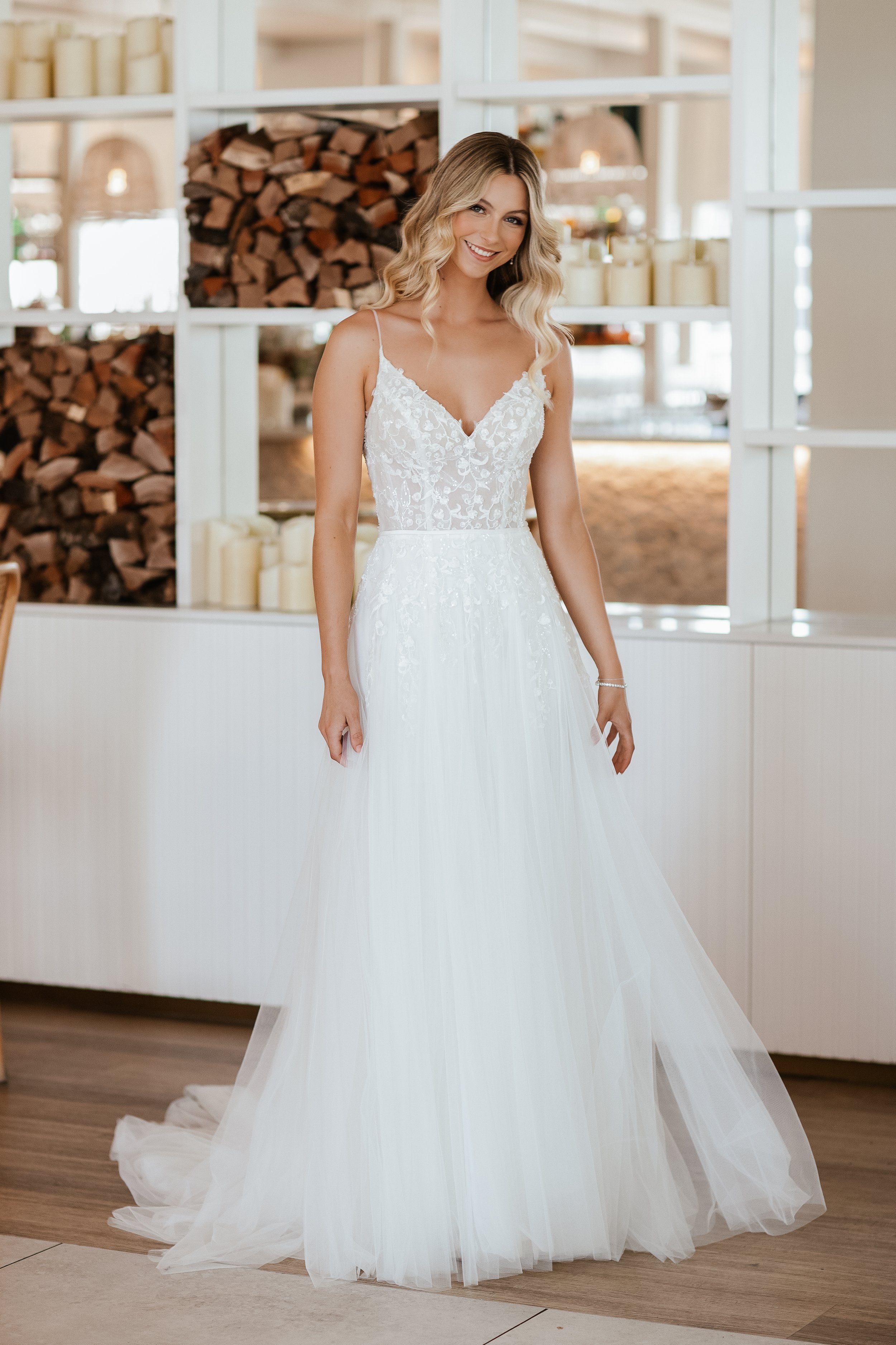 Arienne - Romantic tulle wedding dress with sparkly floral lace bodice. Designed by Wendy Makin from the French Collection at Lavender & Jude, Southwold, Suffolk.