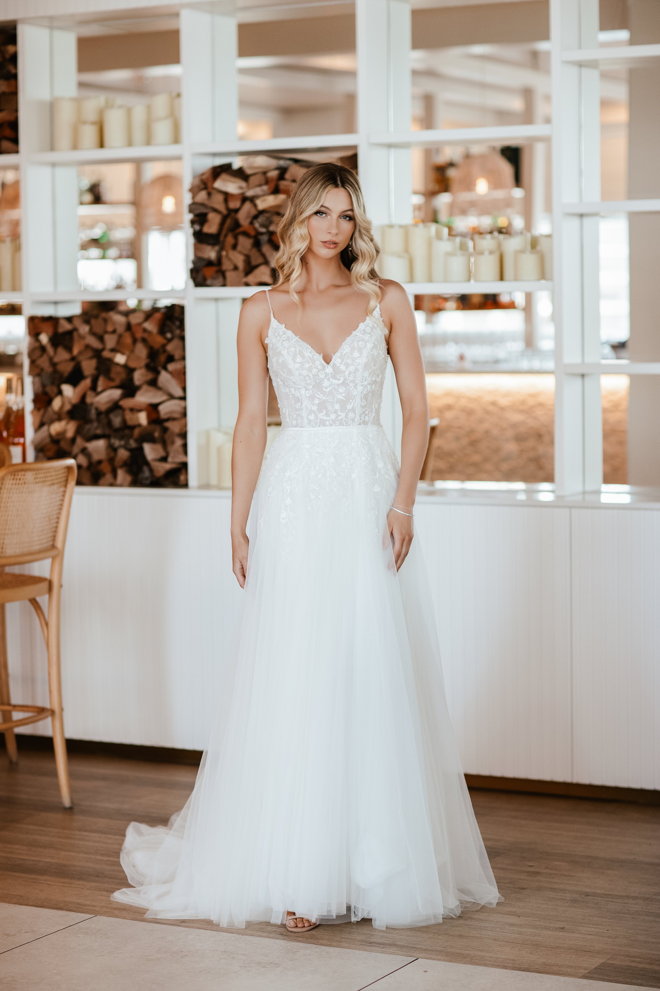 Arienne - Romantic tulle wedding dress with sparkly floral lace bodice. Designed by Wendy Makin from the French Collection at Lavender & Jude, Southwold, Suffolk.