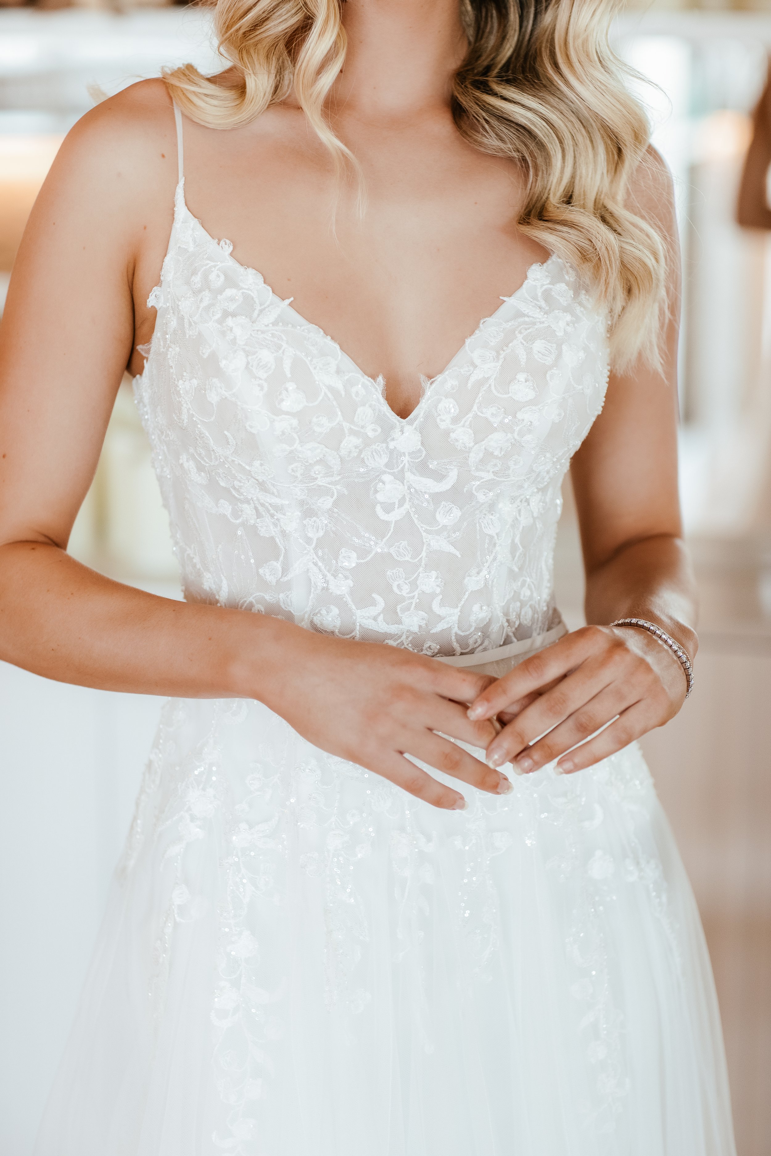 Arienne - Romantic tulle wedding dress with sparkly floral lace bodice. Designed by Wendy Makin from the French Collection at Lavender & Jude, Southwold, Suffolk.