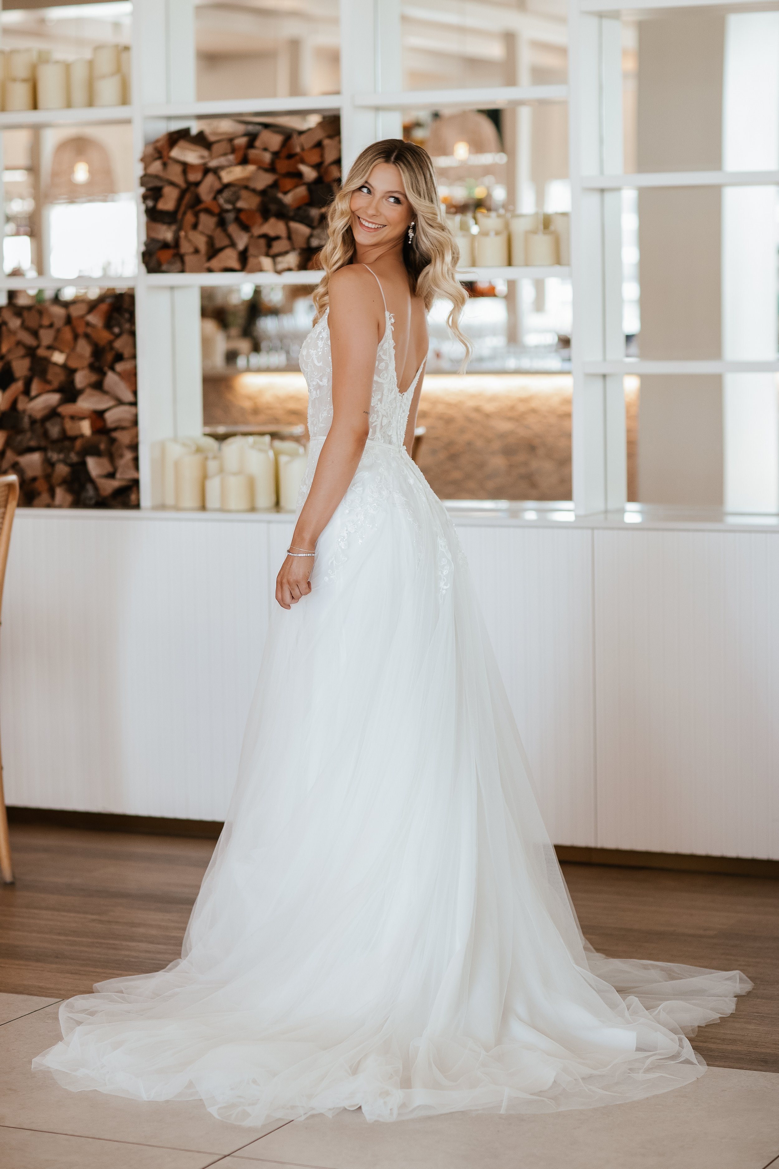 Arienne - Romantic tulle wedding dress with sparkly floral lace bodice. Designed by Wendy Makin from the French Collection at Lavender & Jude, Southwold, Suffolk.
