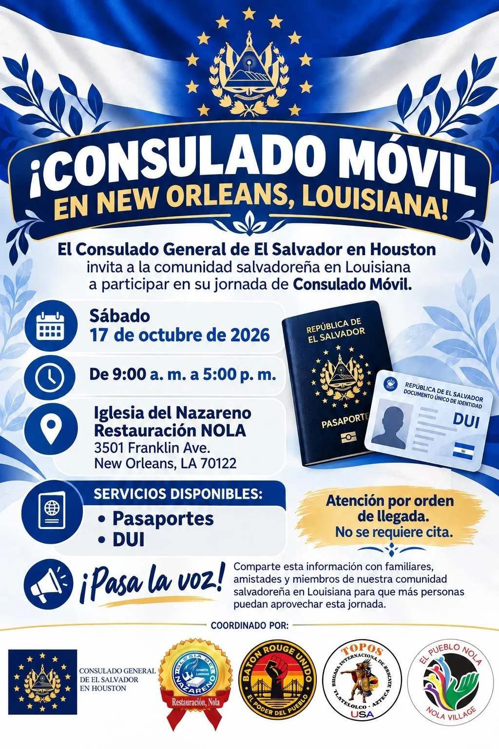 Passport and Salvadoran ID (DUI) services in New Orleans on October 17, 2026, from 9 a.m. to 5 p.m. No appointment needed; first come, first served.
