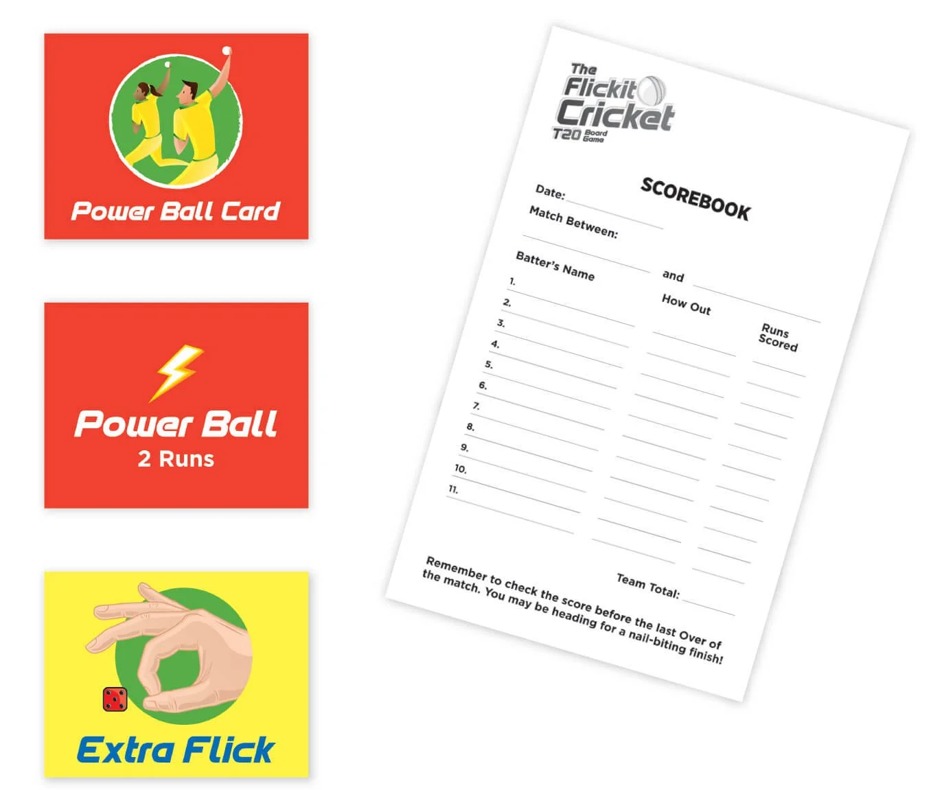 Cards and score sheet for Flickit Cricket T20 Board Game, featuring a Power Ball Card with two players, Power Ball with 2 runs, and Extra Flick Card with a hand making an OK gesture and a small die.