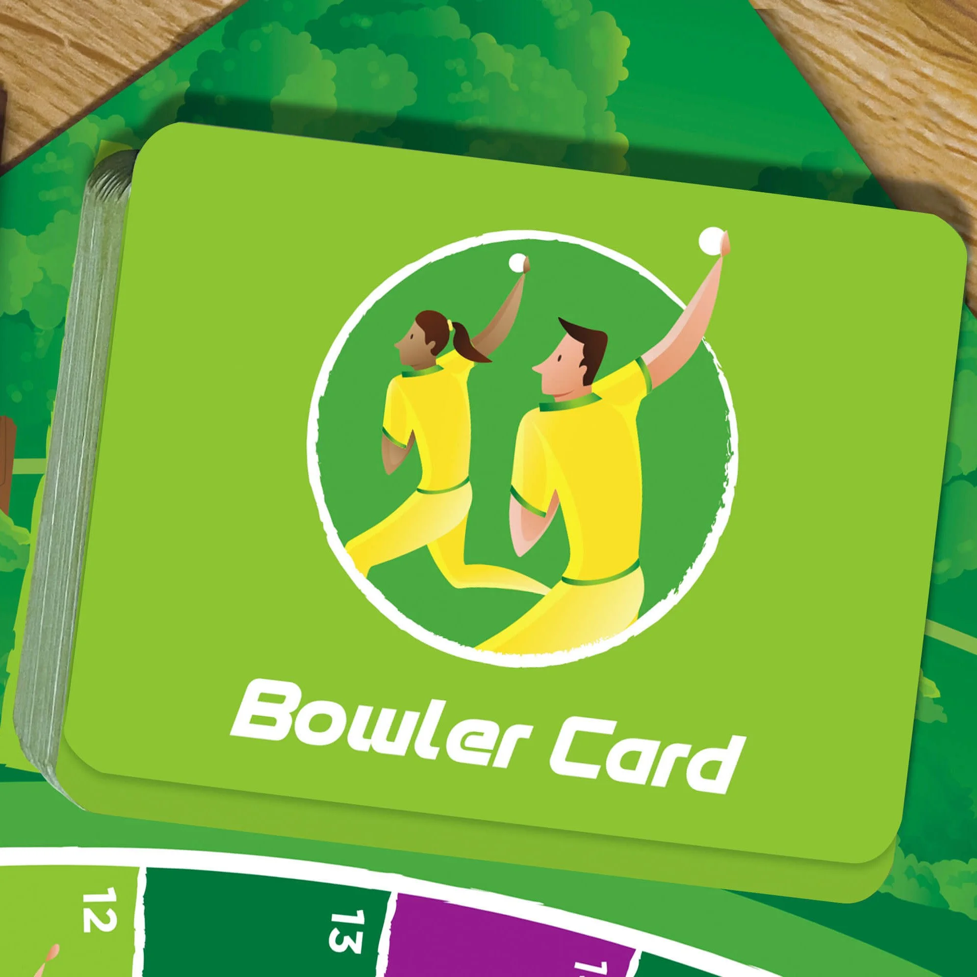 A colorful bowling scorecard with illustrations of two players making a bowling shot, set against a green background with trees. The card displays frame numbers and scores.