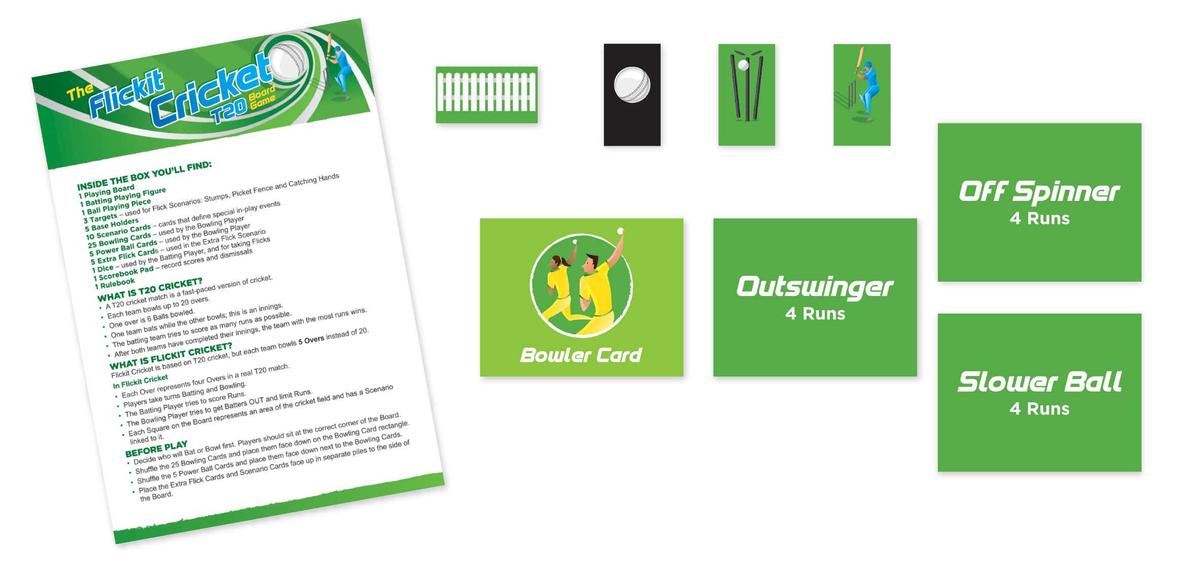 An instruction sheet for a cricket-themed board game called The Flickit Cricket T20 Game, showing game components such as playing board, cricket ball, wickets, bowling cards, scenario cards, and score pad, with illustrations of two people playing cricket.