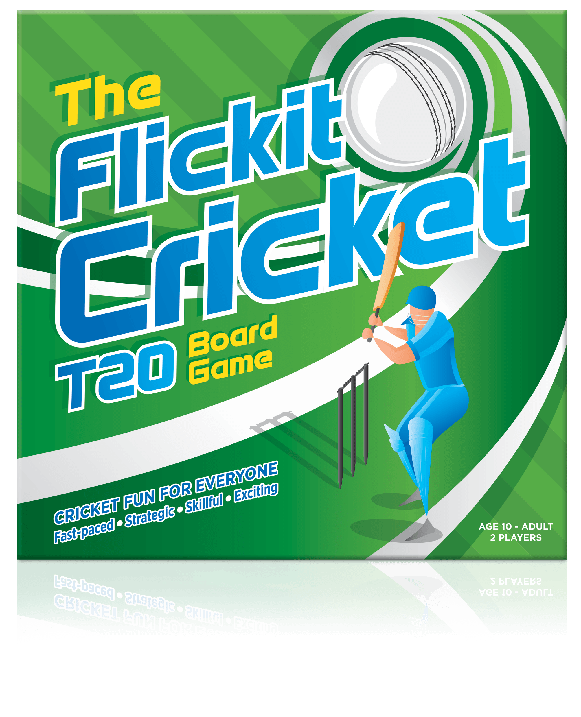 A box of cricket-themed board game called "The Ficket" with green background, blue, white, and yellow text, and an illustration of a cricket player in blue uniform hitting a ball.