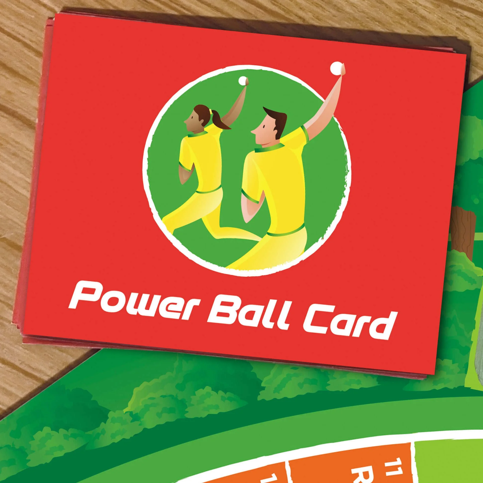 A PowerBall card with a red background, featuring an illustration of a man and woman in yellow sportswear, bowling a white cricket ball, with a green circle and a white outline behind them.