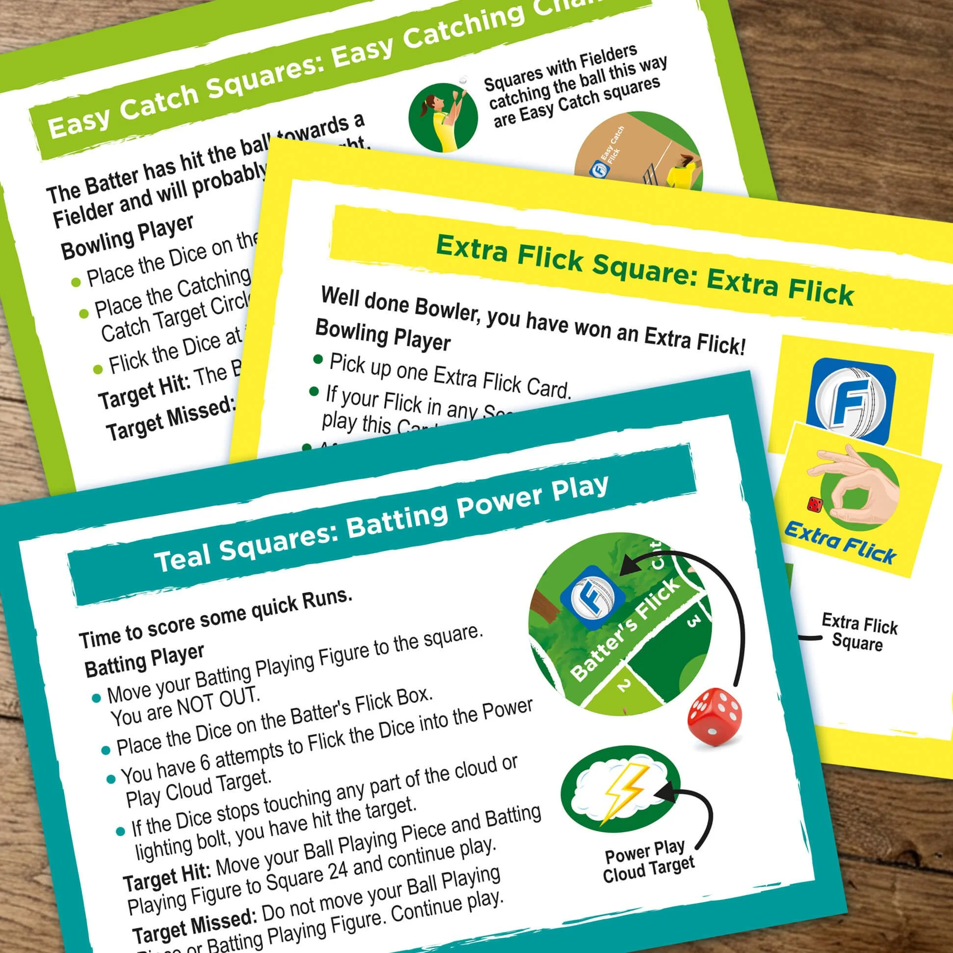 Close-up of colourful Scenario Cards with sections titled "Easy Catch Squares: Easy Catch" and "Extra Flick Square: Extra Flick," featuring bullet points and graphics, partially overlapping on a wooden surface.