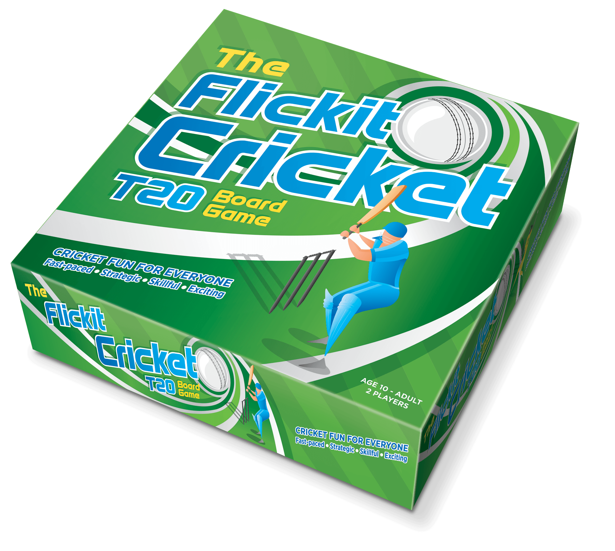 Green box of The Flickit Cricket Board Game featuring a cricket player swinging a bat and text indicating it's for ages 10 and up, for 2 players, with fast-paced, strategic, skillful, and exciting gameplay.