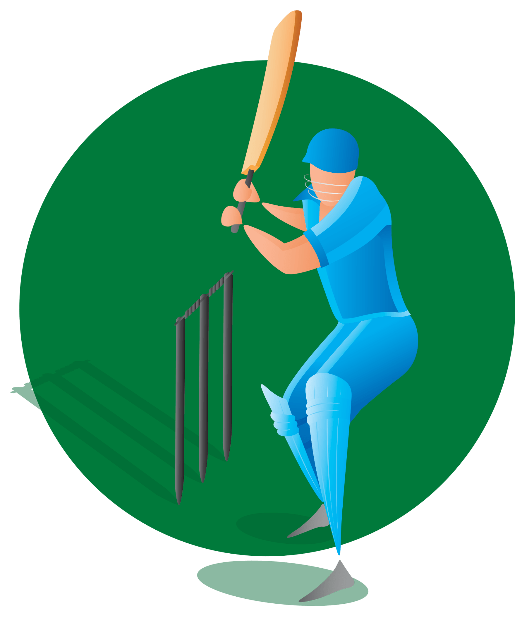 A person wearing blue clothes and holding cricket bats on a cricket field.