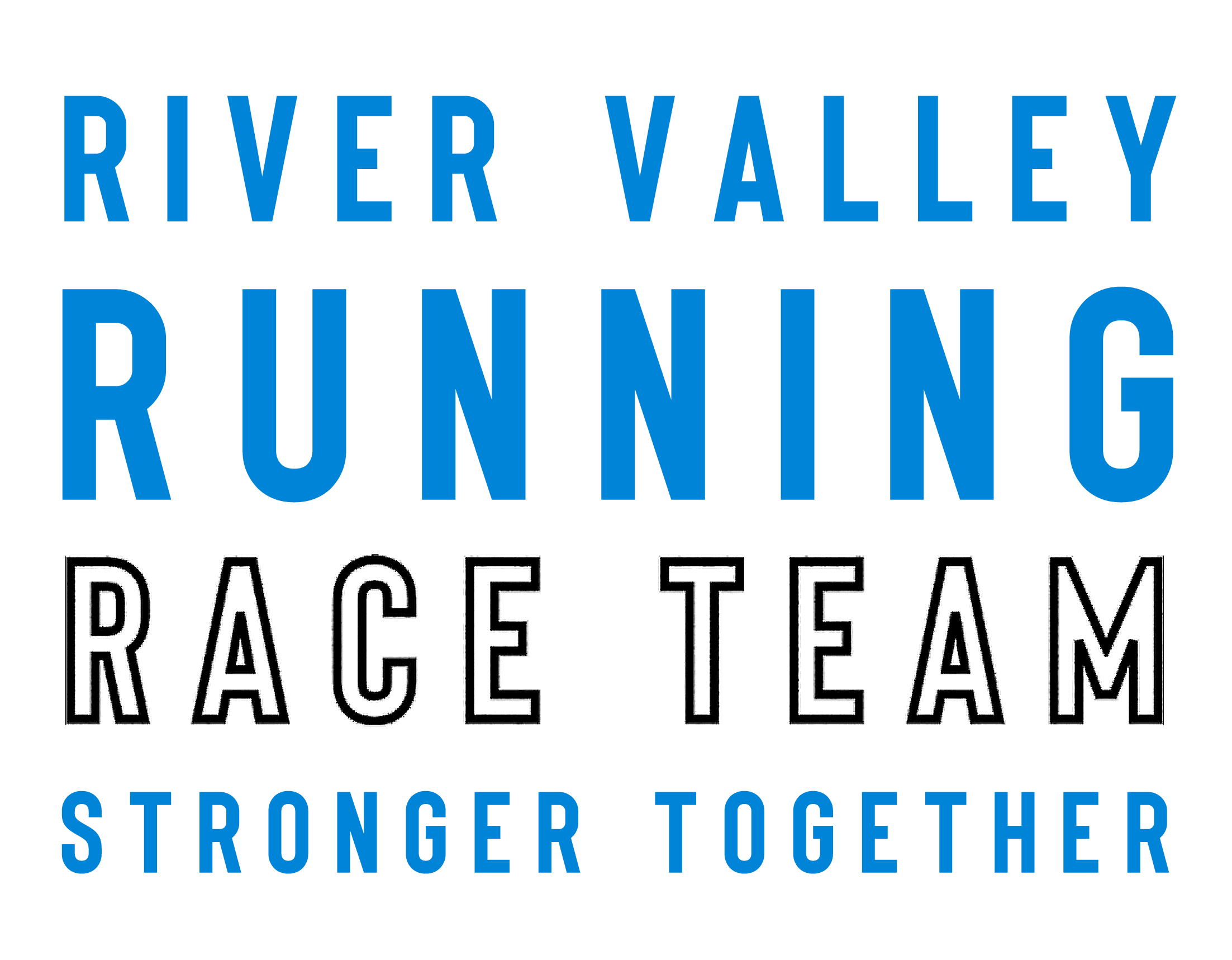 Logo with text that reads "River Valley Running" and "Stronger Together" in blue on a black background.