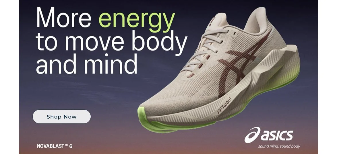 An advertisement showcasing a beige athletic running shoe with green accents and the ASICS logo, against a gradient background, promoting energy and movement.