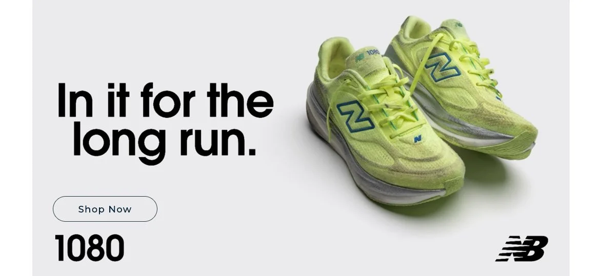 Bright yellow running shoes with New Balance logo, alongside black text saying "In it for the long run" and a 'Shop Now' button. The brand logo 'NB' and number '1080' are also visible.