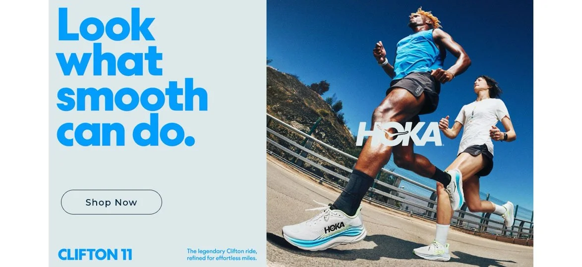 A duo of runners, one man and one woman, running on a bridge outdoors under a clear blue sky, with a promotional text on the left and a logo reading 'HOKA' on their shoes.