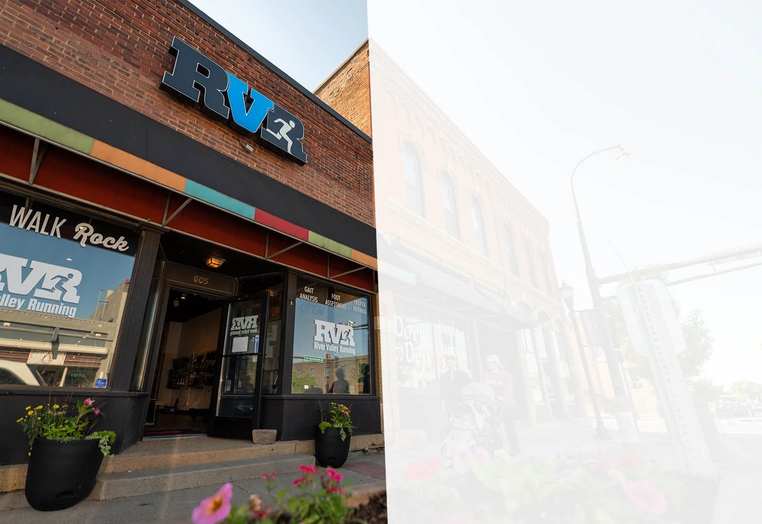 Exterior view of a storefront with a sign that reads 'RVR,' part of a business named River Valley Running. The store has a black door, large windows, and potted flowers outside. The left side of the image is clear, the right side is overexposed.