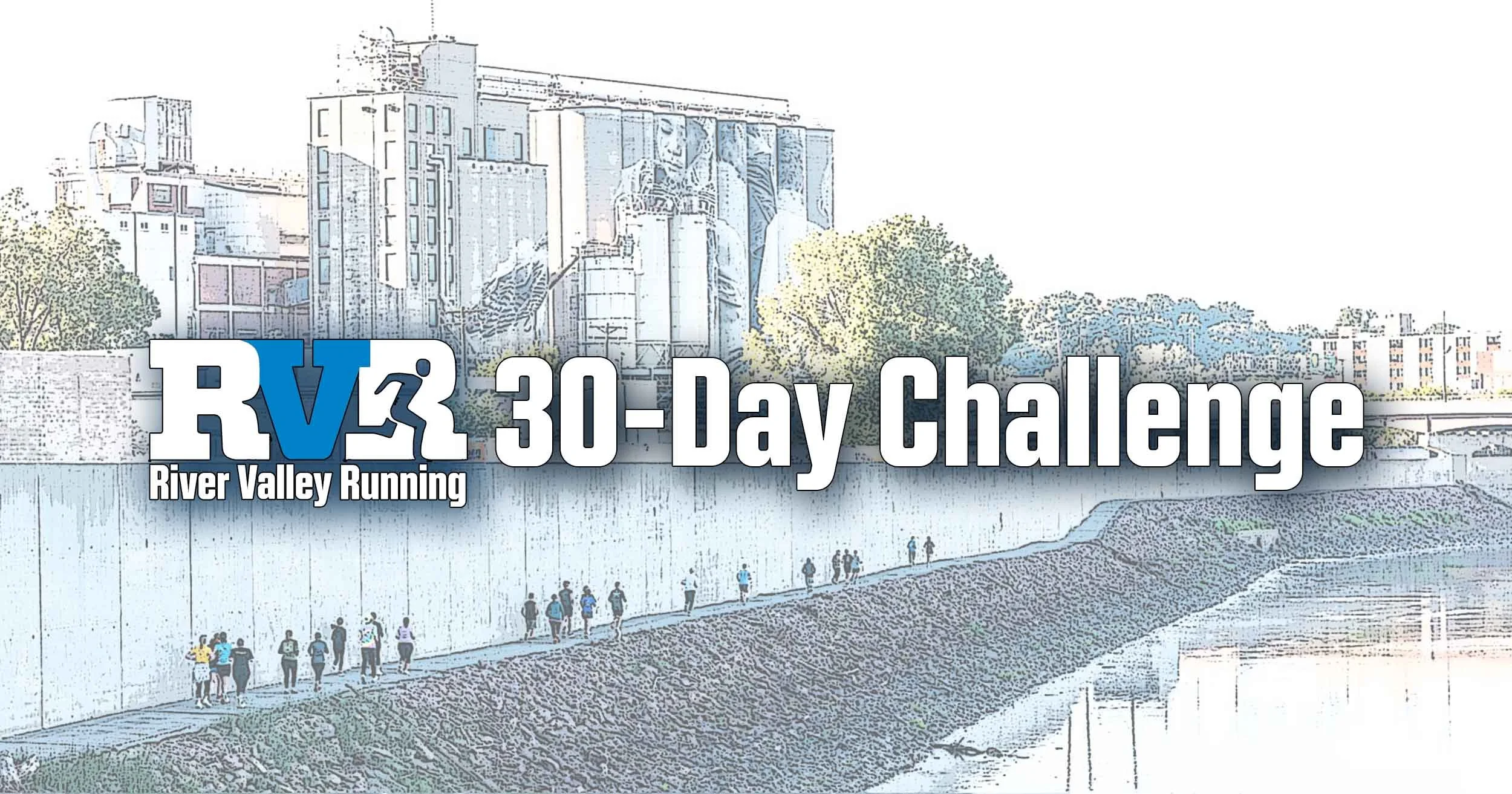 Illustration of a cityscape with buildings, trees, and a river, featuring text overlay that reads 'RV13 30-Day Challenge River Valley Running'.