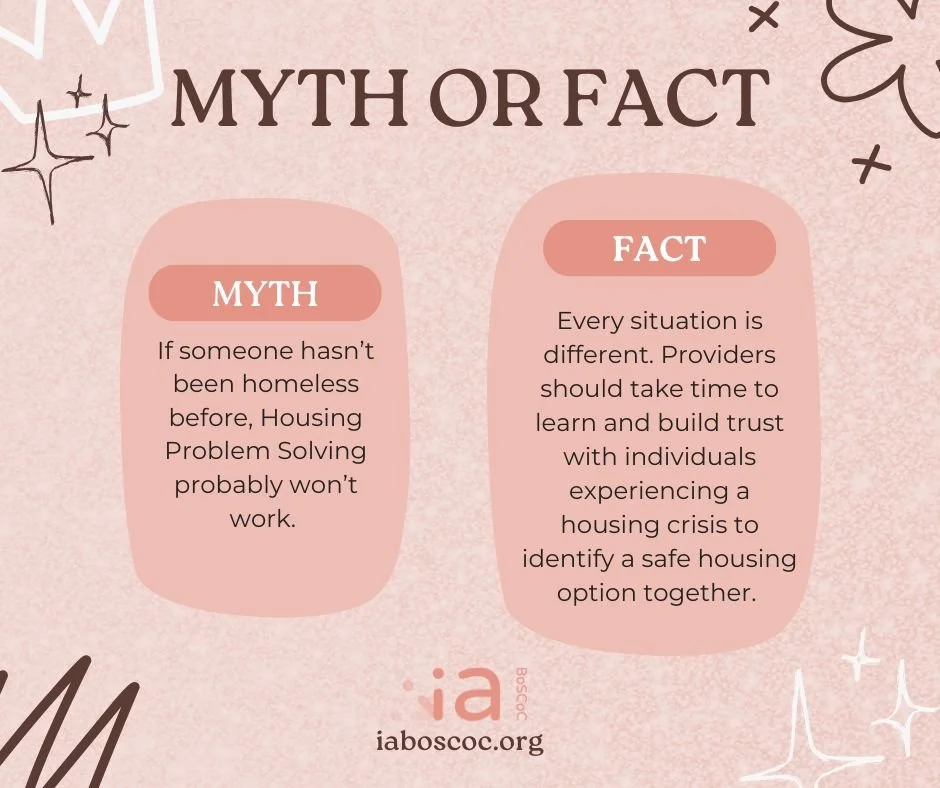 Myth or Fact: Housing Problem Solving

Housing Problem Solving is for everybody! Providers and partners in every community can be equipped to support individuals in ending their housing crisis or avoiding the homelessness response system completely. 