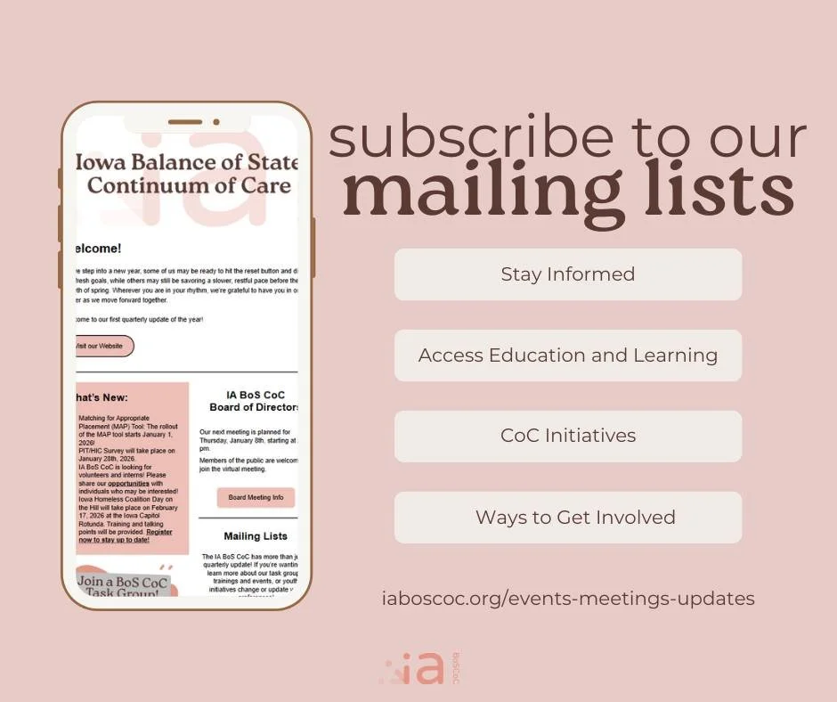 Why should you join our mailing list?

1. Stay Informed on CoC Programs &amp; Funding
Get timely updates on program changes, funding opportunities, grant competitions, system updates, and federal guidance that impact homelessness services across the 