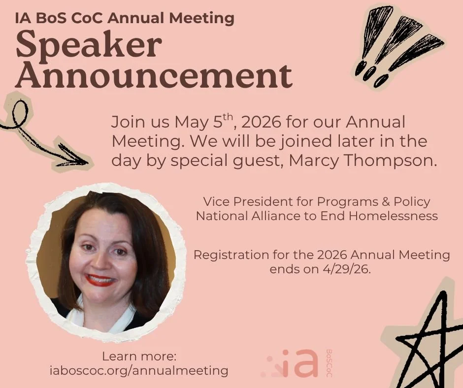 Annual Meeting Speaker Announcement! 📢

IA BoS CoC is excited to share that Marcy Thompson, Vice President for Programs and Policy, of National Alliance to End Homelessness will be joining us virtually during our afternoon session. 

Registration de