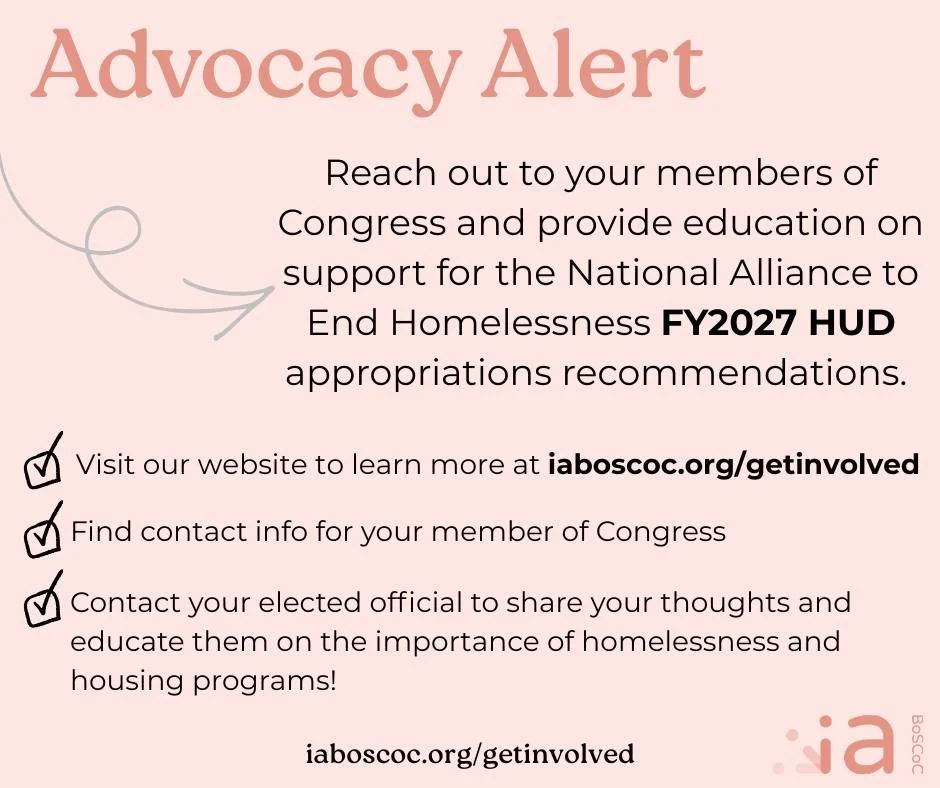Advocacy Alert! 

Reach out to your members of Congress and provide education on support for the National Alliance to End Homelessness FY2027 HUD appropriations recommendations. 

Learn more, find your member of Congress, and find additional resource
