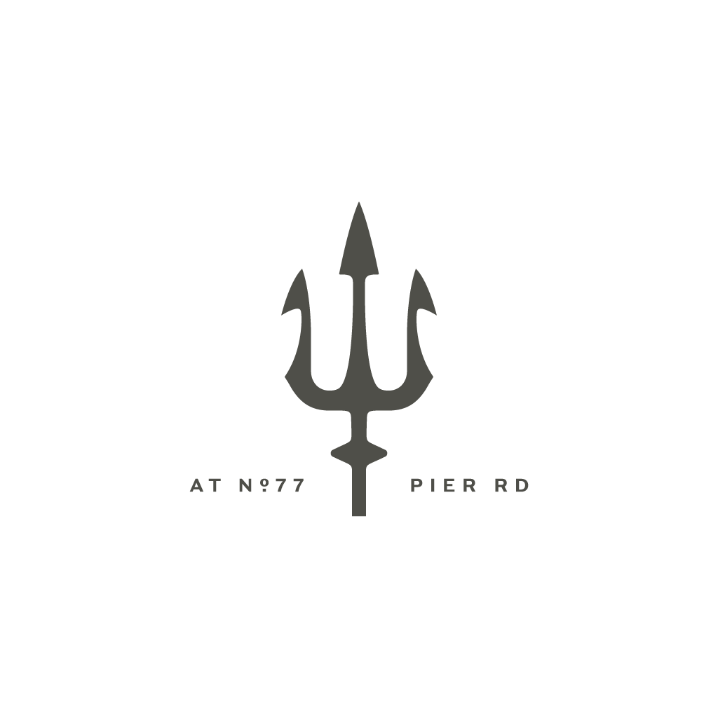 A black background with a gray trident symbol in the center. Below the symbol, it says "AT N°77" on the left and "PIER RD" on the right.