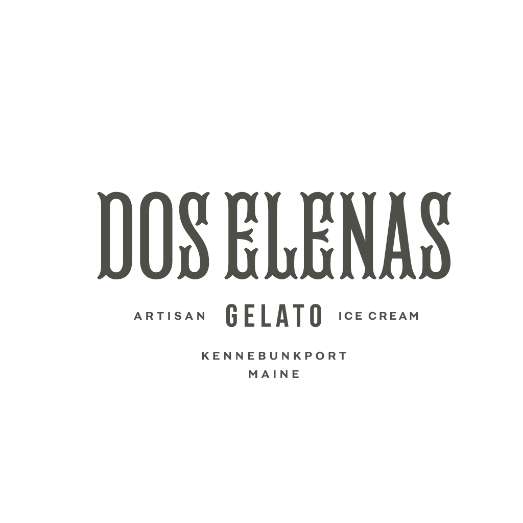 Logo for Dos Elenas, an artisan gelato ice cream shop in Kennebunkport, Maine.