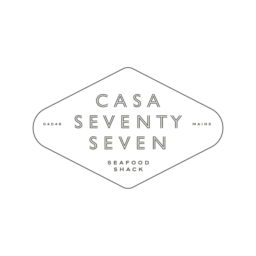 Logo for Casa Seventy Seven, a seafood shack in Maine, featuring a black diamond shape with the text 'Casa Seventy Seven Maine Seafood Shack' and the number 04046.