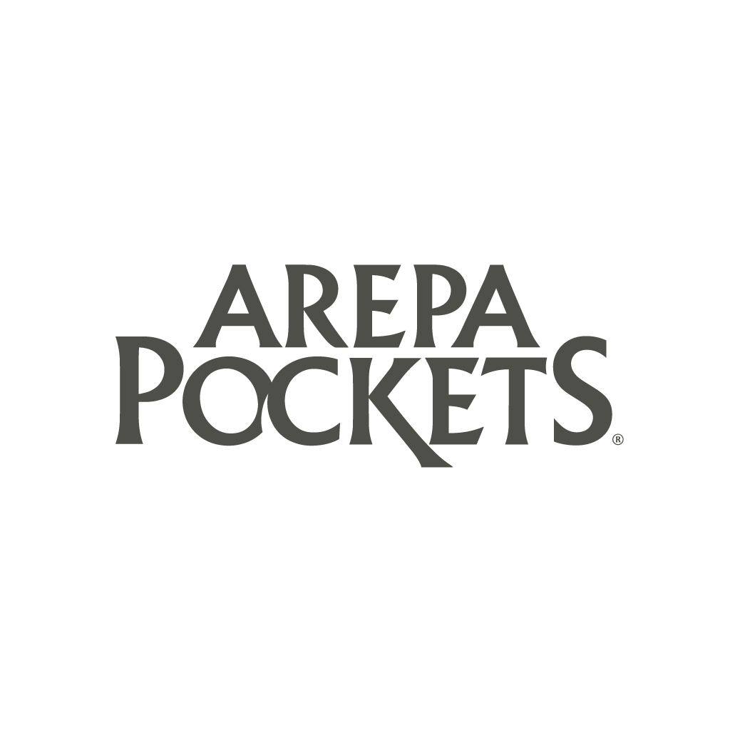 Black background with the Arepa Pockets logo in gray text in the center.
