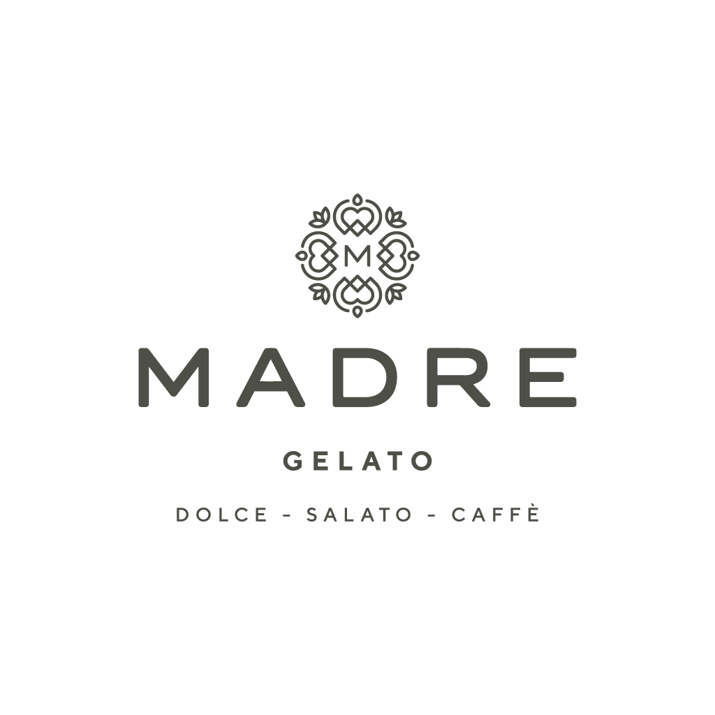 Black logo for Madre Gelato with a decorative emblem above and the words 'Madre' and 'Gelato' followed by 'Dolce - Salato - Caffè' below.