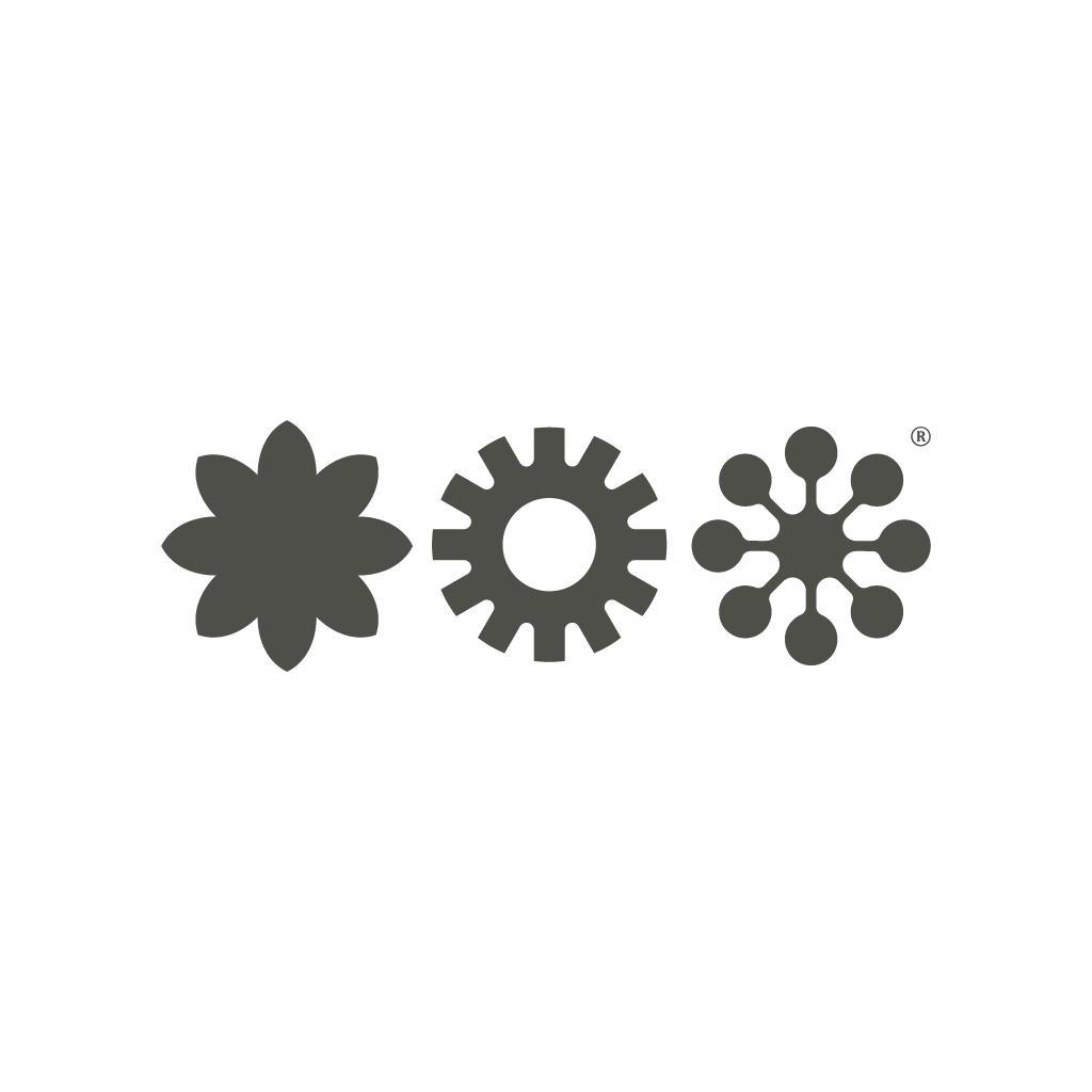 Black and white graphic with floral middle, gear on one side, and molecular structure on the other.