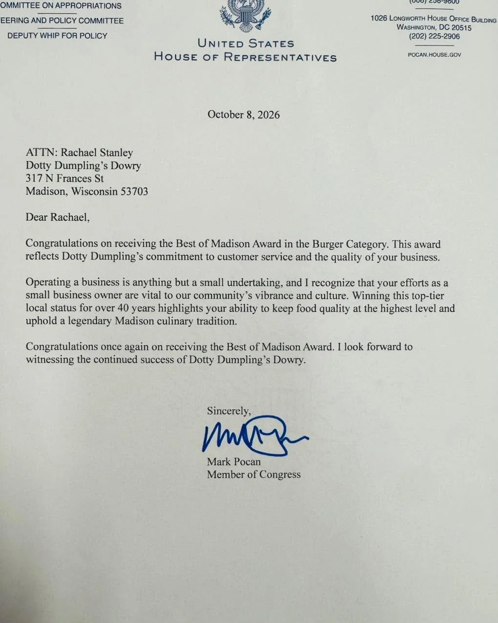 Pretty cool to receive this letter from Congressman Mark Pocan congratulating Dotty&rsquo;s on being named Best of Madison! 💙🍔

52 years in Madison. Still slinging burgers. Still grateful!