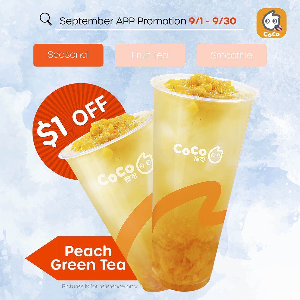 September App Promo - $1 off Peach Green Tea 🍑🍵⠀
⠀
#cocofreshteaandjuice #peach #justpeachy #greentea #matcha #september #app #cocoapp #fruit #fruitydrinks #drinks #seasonal #special #discount #food #foodie #foodlover #newyork #newjersey