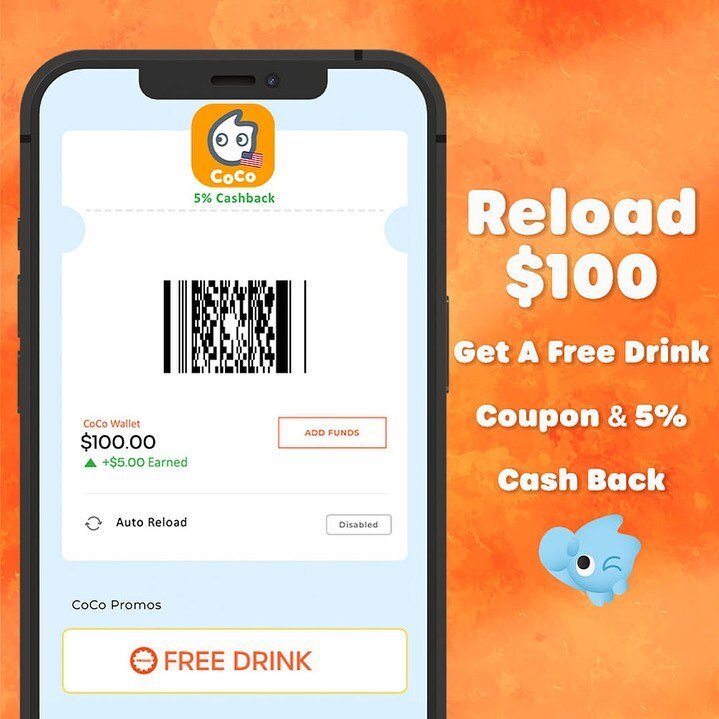 Reload $100 on the CoCo App to get a free drink coupon &amp; 5% cash back! 🧋📲💰⠀
⠀
Exclusive promo valid until midnight ‼️🕛⠀
⠀
#cocofreshteaandjuice #cocoapp #app #bubbletea #boba #milktea #drink #tea #reload #100 #cashback #free #coupon #midnight