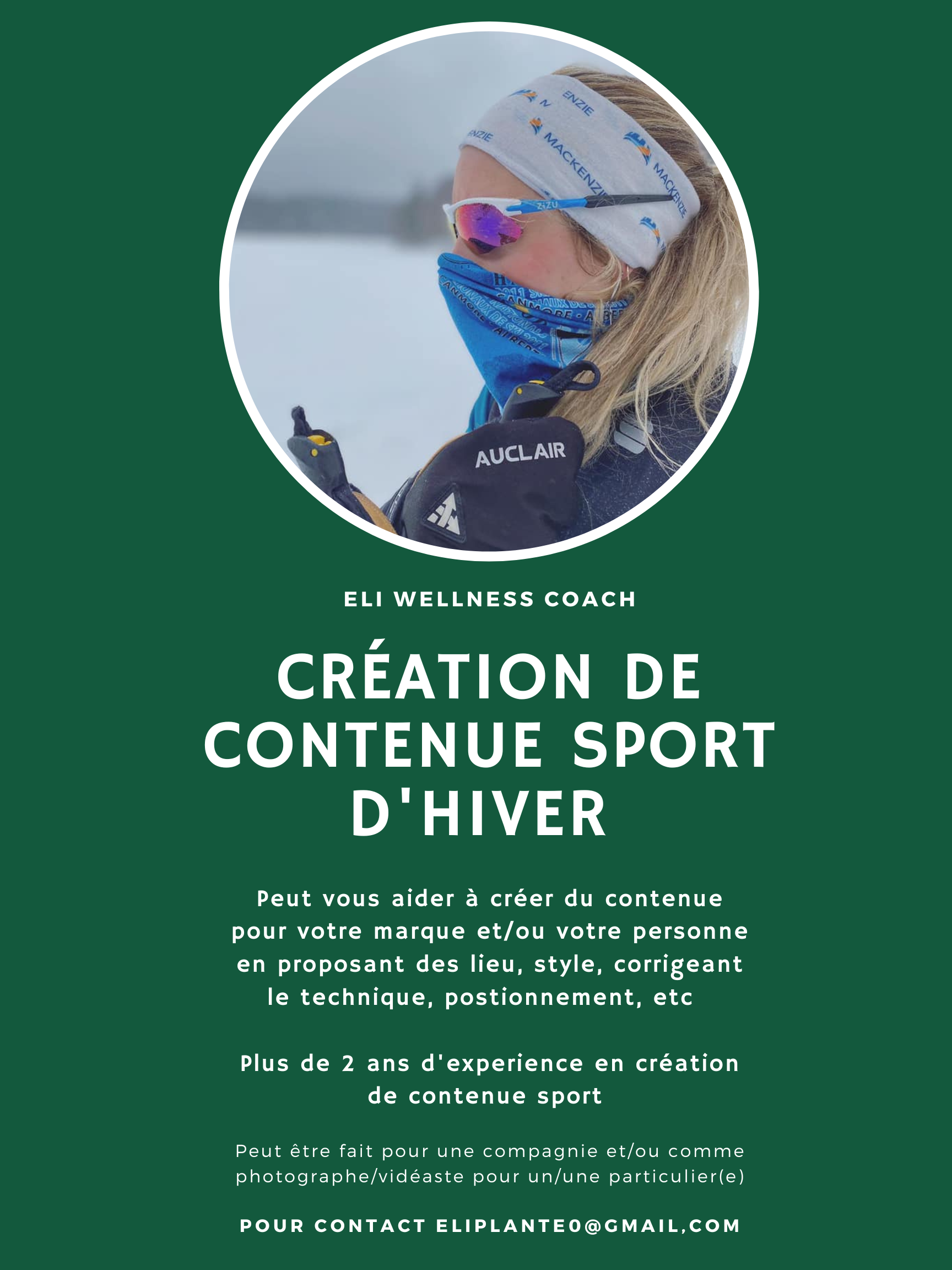 Flyer with a photo of a woman dressed in winter sports gear, including sunglasses and a face mask, in a snowy outdoor environment. The flyer promotes creating winter sports content for businesses or individuals.