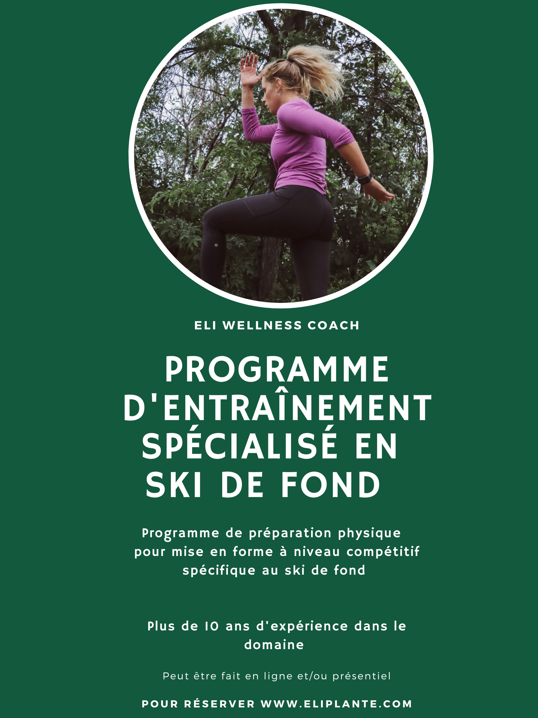 A woman wearing a purple long-sleeve top and black leggings, with blonde hair tied back, exercising outdoors in front of trees.