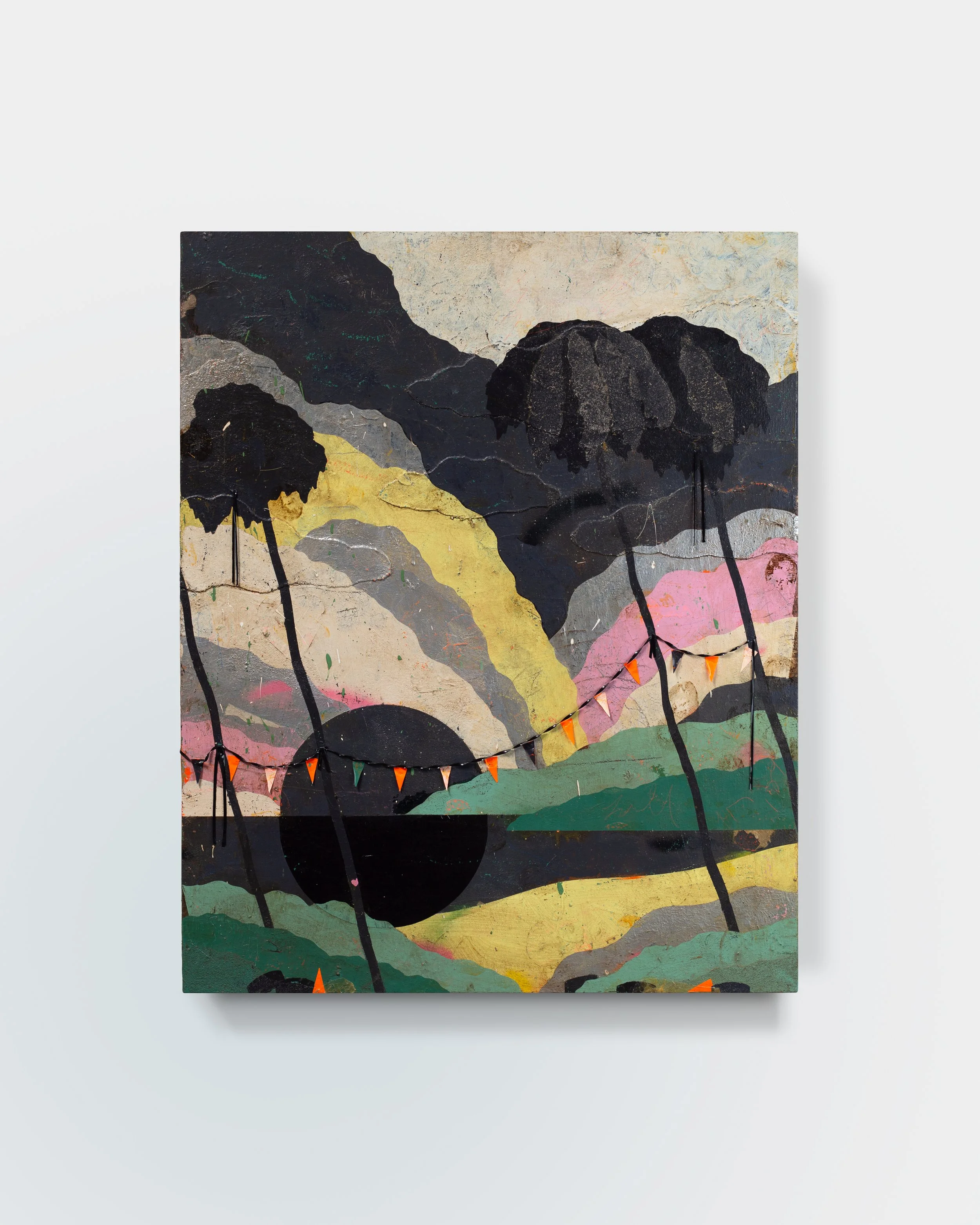  Hallows Shallows  2025 
Acrylic, sand, collage on canvas, 40 x 32 in.