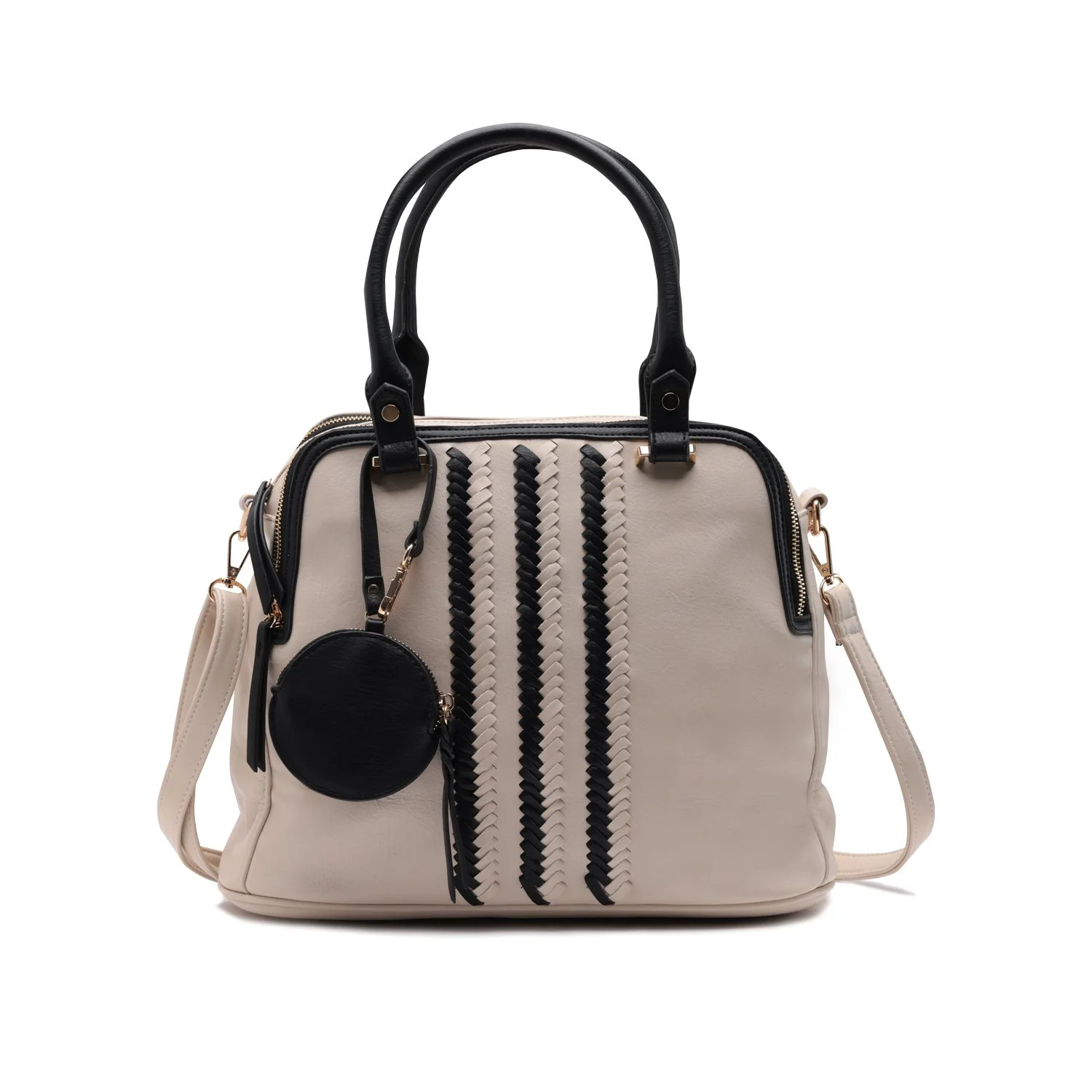 "Logan" Two Tone Woven Trim Satchel (Ecru)